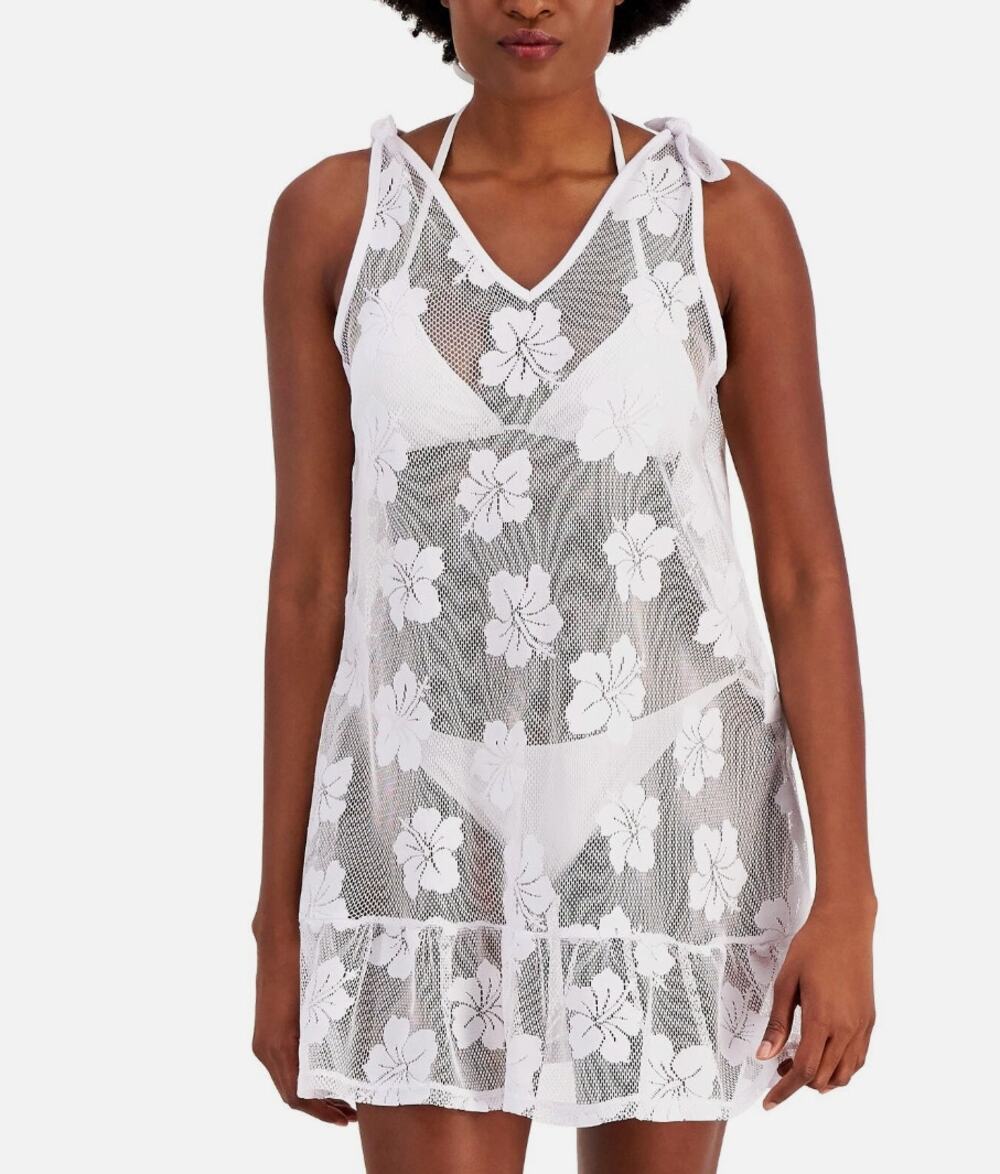 NWT Miken Swim Womens Tie Shoulder Ruffle Hem Floral Cover-Up White Dress Small